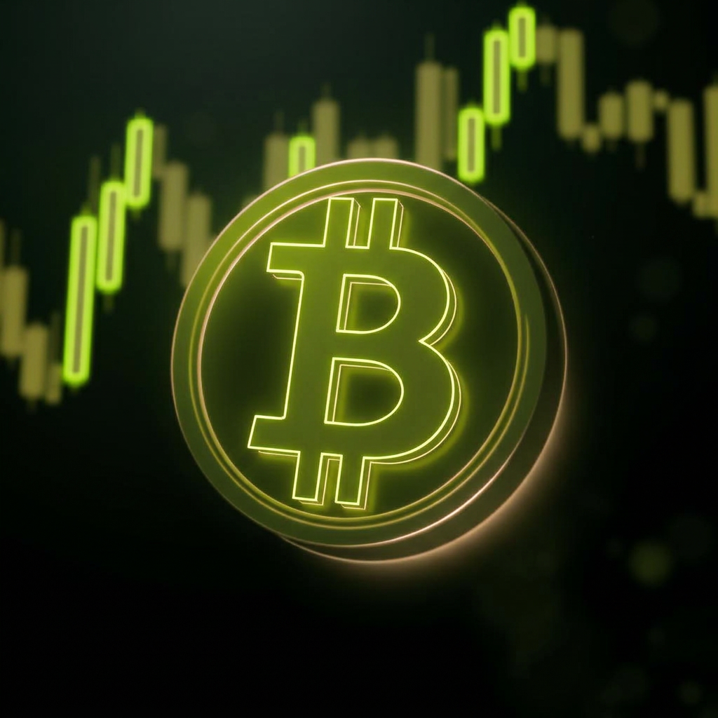 Leuchtende Bitcoin-Münze vor einem Kurschart